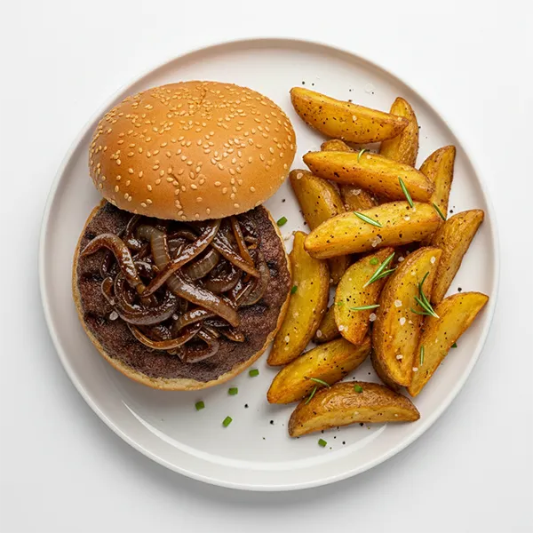 Bavarian Beef Burger With Caramelized Onion, Mustard Sauce And Rosemary Potato Wedges